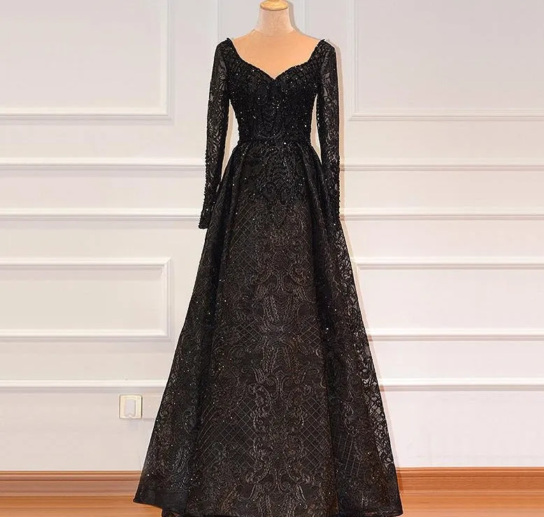 Dubai Blue Luxury Long Sleeves Evening Dresses Lace V-Neck Crystal A-Line Evening Gowns
