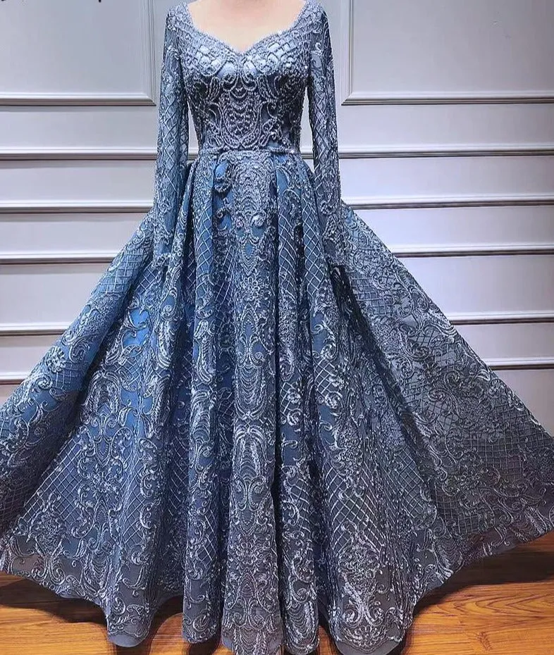 Dubai Blue Luxury Long Sleeves Evening Dresses Lace V-Neck Crystal A-Line Evening Gowns