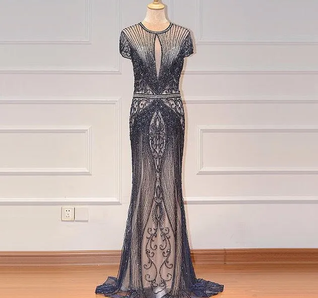 Dubai Long Sleeves Grey Luxury Evening Dresses O-Neck Full Diamond Mermaid Formal Dress