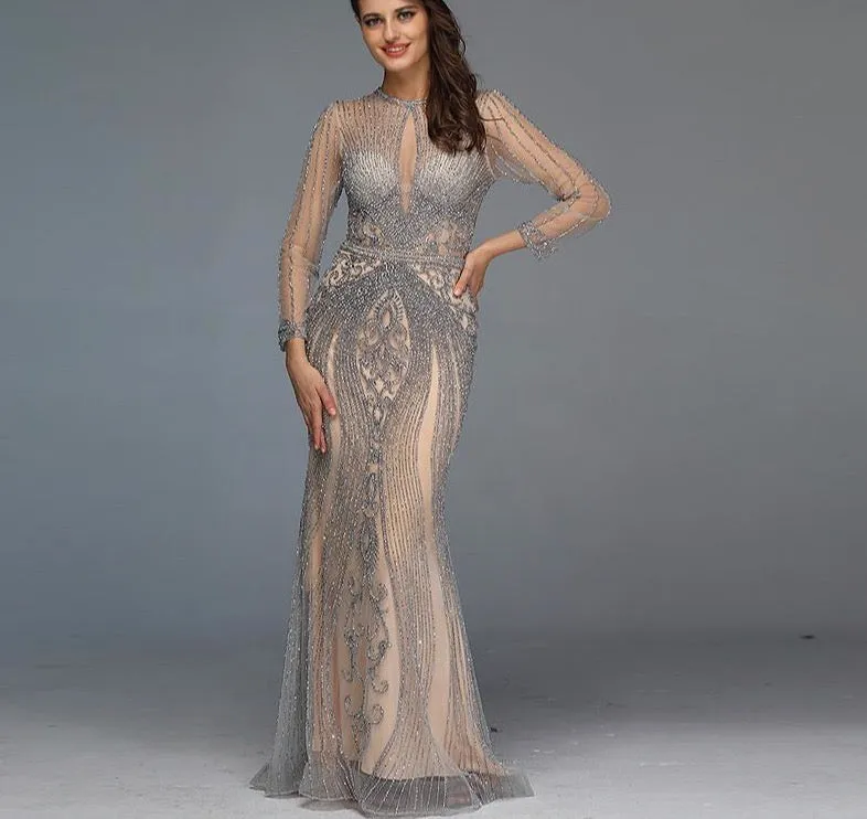 Dubai Long Sleeves Grey Luxury Evening Dresses O-Neck Full Diamond Mermaid Formal Dress