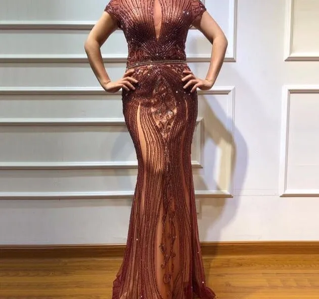 Dubai Long Sleeves Grey Luxury Evening Dresses O-Neck Full Diamond Mermaid Formal Dress