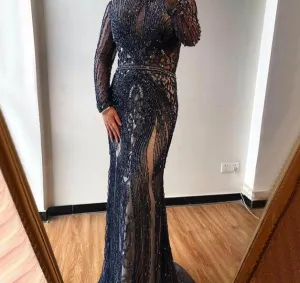 Dubai Long Sleeves Grey Luxury Evening Dresses O-Neck Full Diamond Mermaid Formal Dress