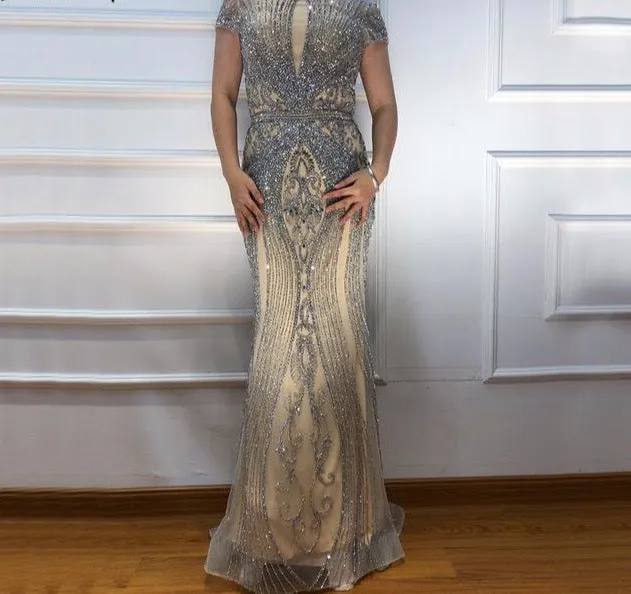 Dubai Long Sleeves Grey Luxury Evening Dresses O-Neck Full Diamond Mermaid Formal Dress