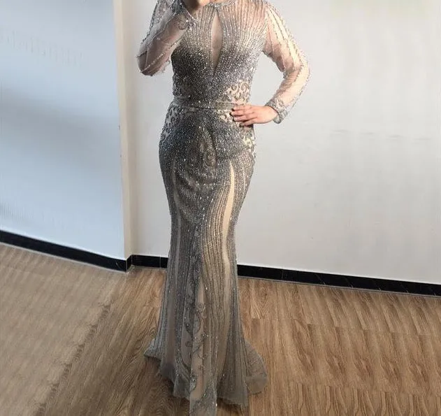 Dubai Long Sleeves Grey Luxury Evening Dresses O-Neck Full Diamond Mermaid Formal Dress