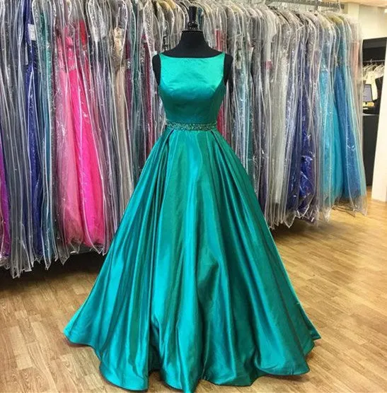 Elegant 2018 Bateau Sleeveless Long Prom/Evening Dress With Beading Satin Emerald Prom Dress Long