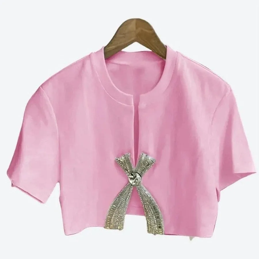 Elegant Bejeweled Bow Cropped Tops