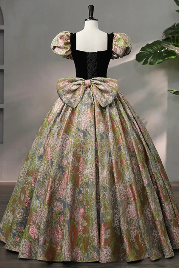 Elegant Black Puffy Short Sleeve Floor Length Prom Dress, A Line Floral Pattern Evening Dress APP0840