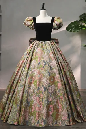 Elegant Black Puffy Short Sleeve Floor Length Prom Dress, A Line Floral Pattern Evening Dress APP0840