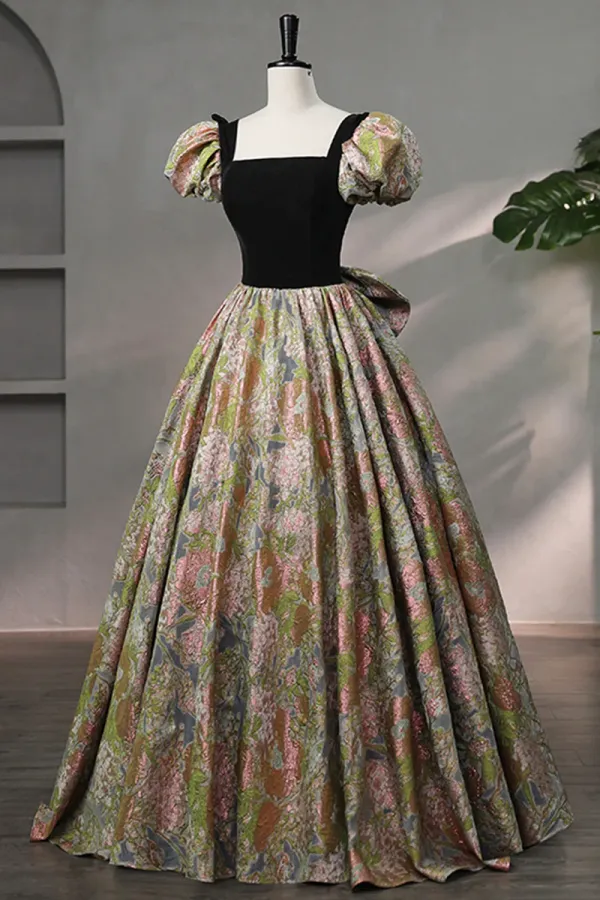 Elegant Black Puffy Short Sleeve Floor Length Prom Dress, A Line Floral Pattern Evening Dress APP0840