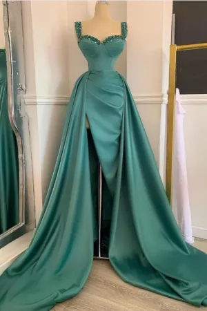 Elegant Green Sweetheart Straps Long Evening Dress With Beadings