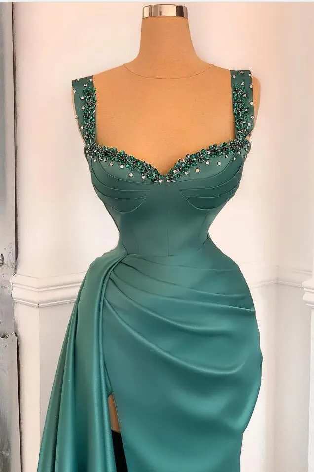 Elegant Green Sweetheart Straps Long Evening Dress With Beadings