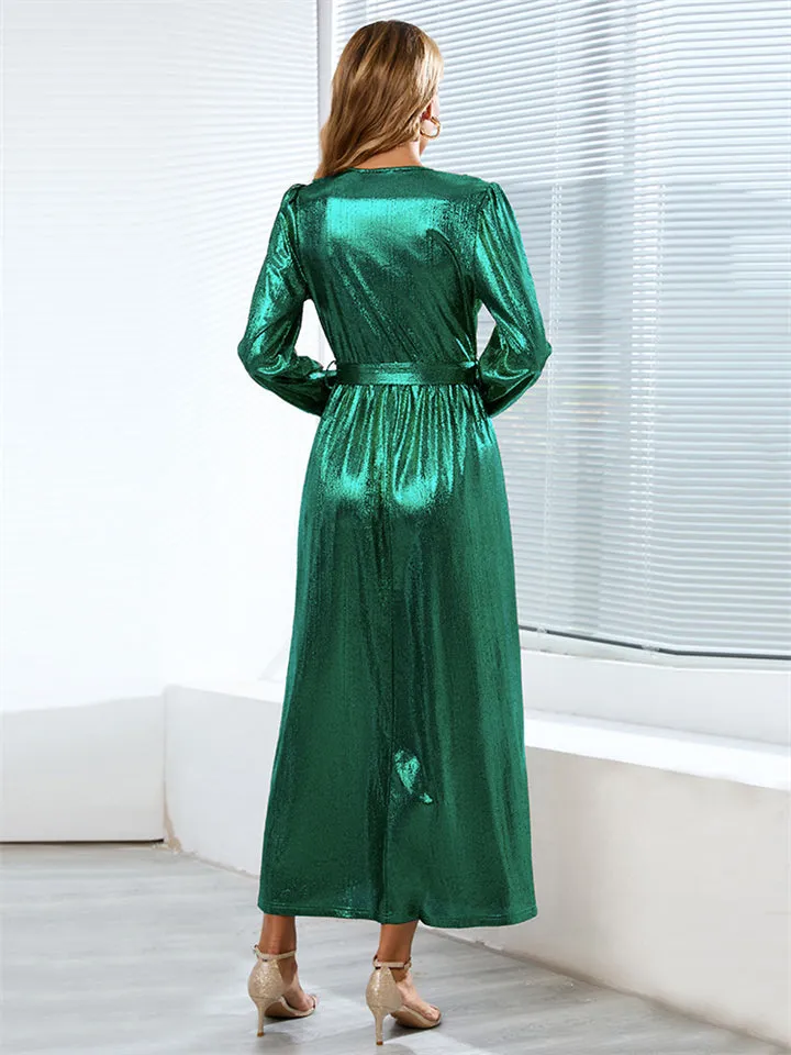 Elegant Lady V Neck Waist Belt Fit Evening Long Dress