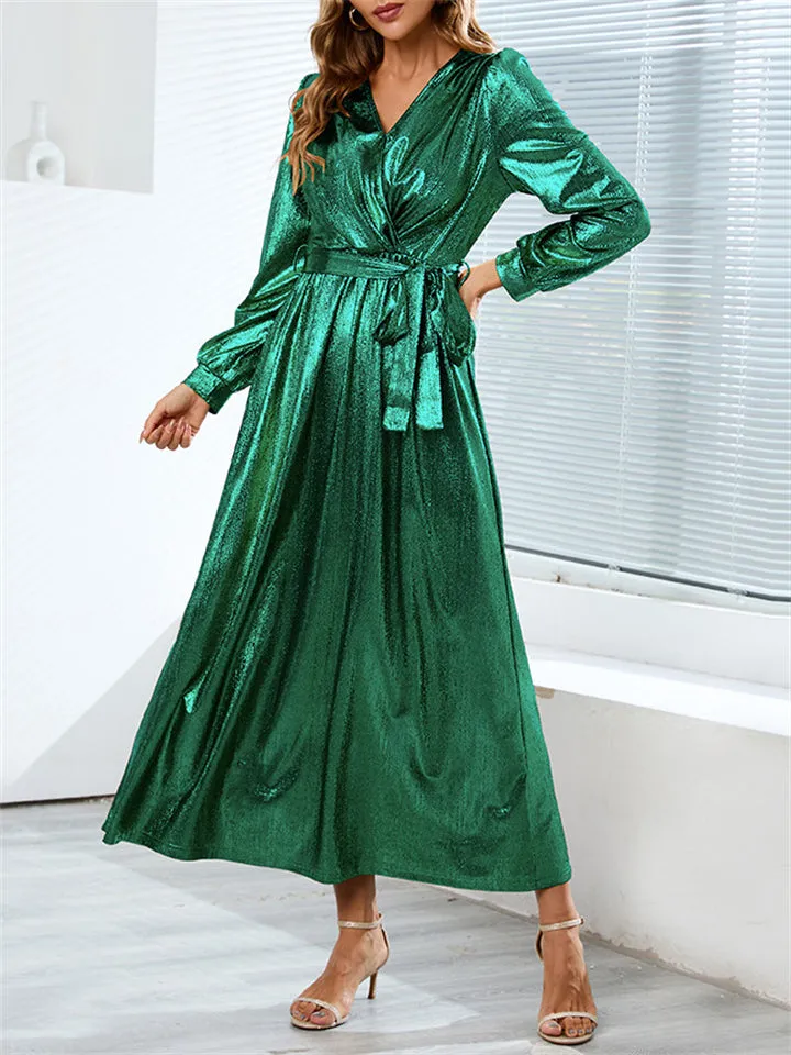 Elegant Lady V Neck Waist Belt Fit Evening Long Dress
