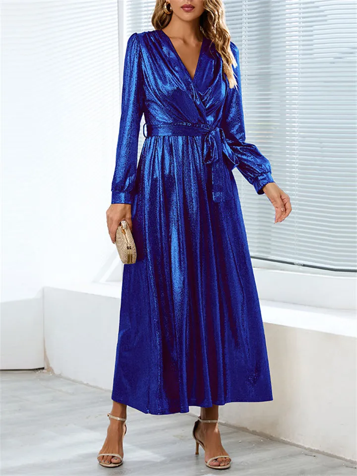 Elegant Lady V Neck Waist Belt Fit Evening Long Dress