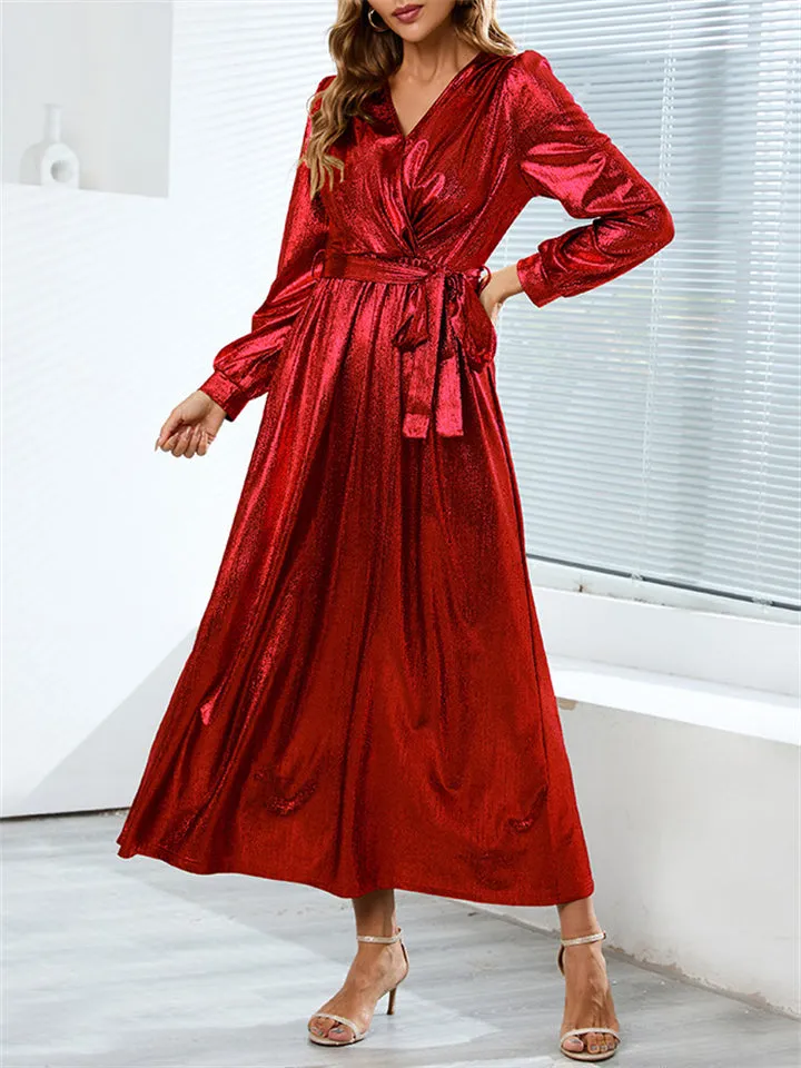 Elegant Lady V Neck Waist Belt Fit Evening Long Dress
