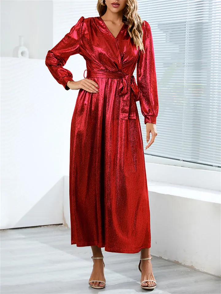 Elegant Lady V Neck Waist Belt Fit Evening Long Dress