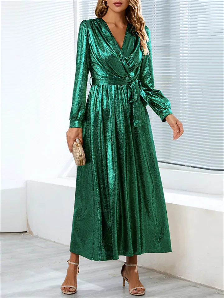 Elegant Lady V Neck Waist Belt Fit Evening Long Dress