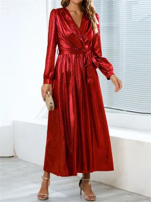 Elegant Lady V Neck Waist Belt Fit Evening Long Dress