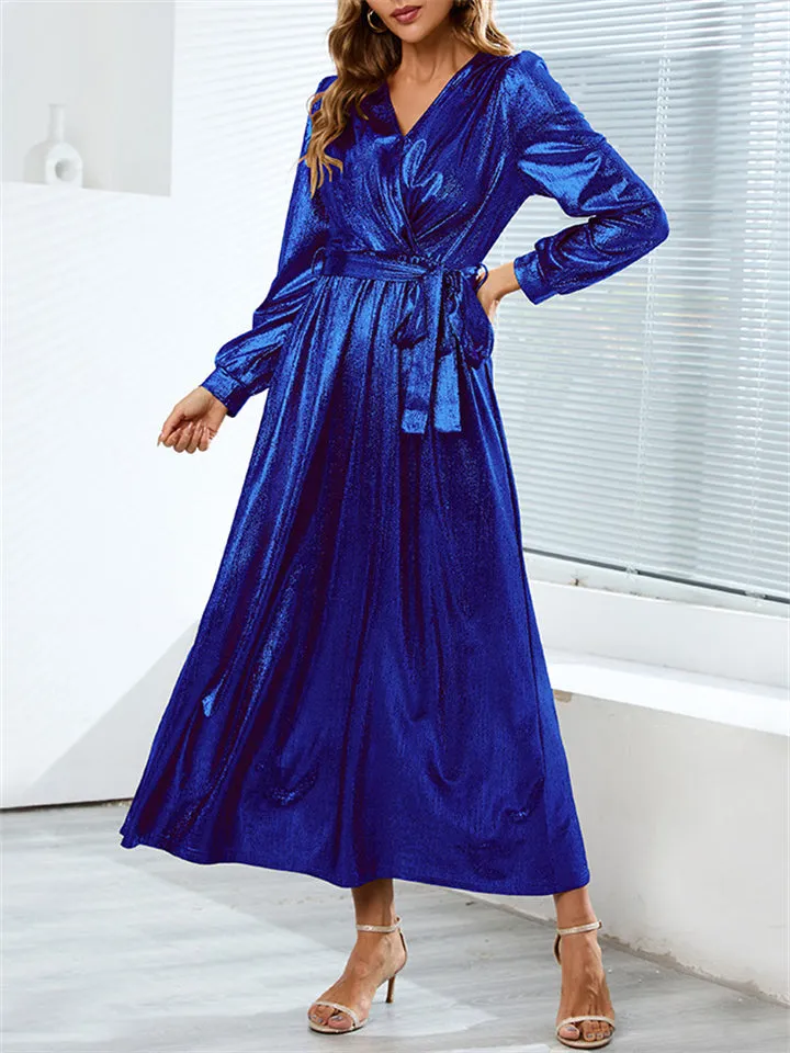 Elegant Lady V Neck Waist Belt Fit Evening Long Dress