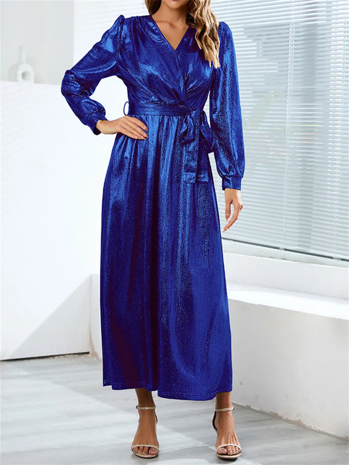 Elegant Lady V Neck Waist Belt Fit Evening Long Dress