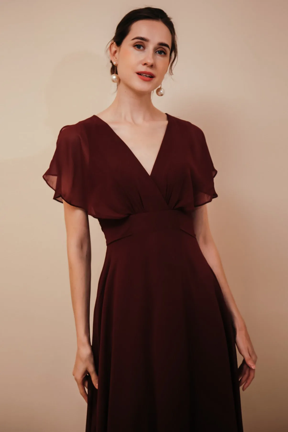 Elegant Rust Cool-shoulder V-neck Chiffon Evening Dress