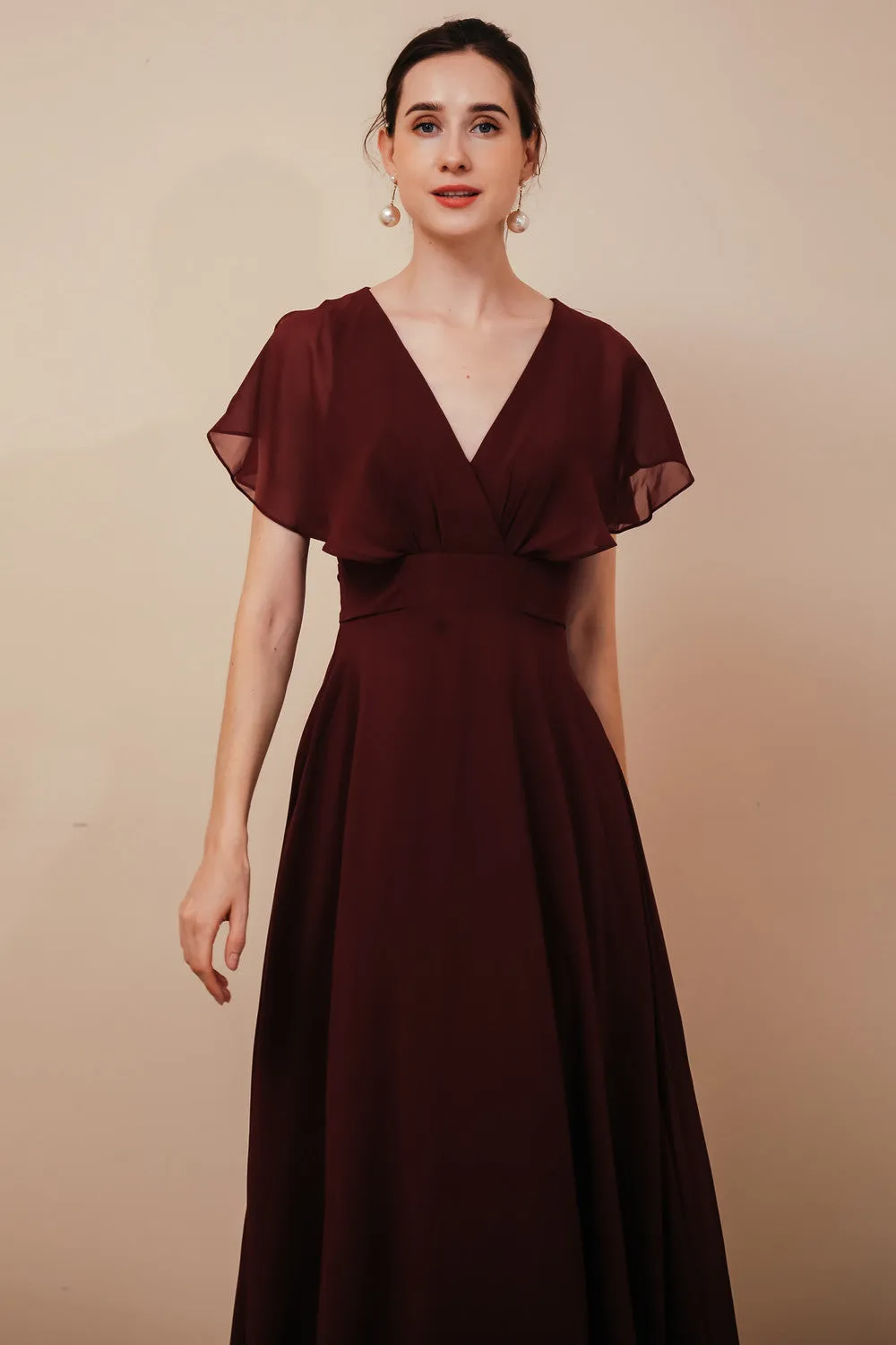 Elegant Rust Cool-shoulder V-neck Chiffon Evening Dress