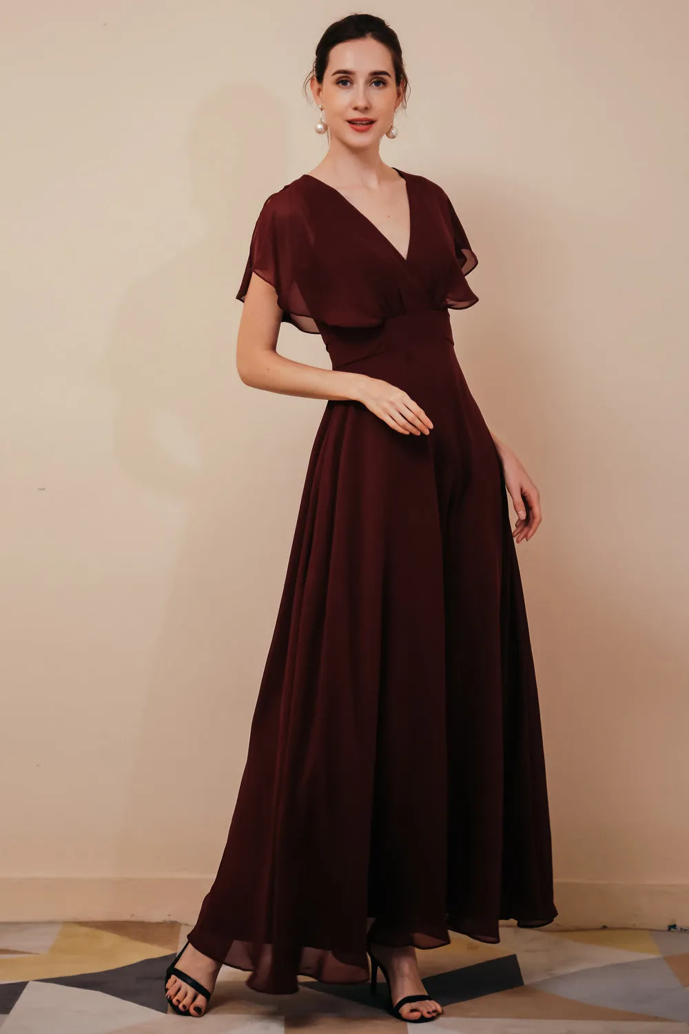Elegant Rust Cool-shoulder V-neck Chiffon Evening Dress