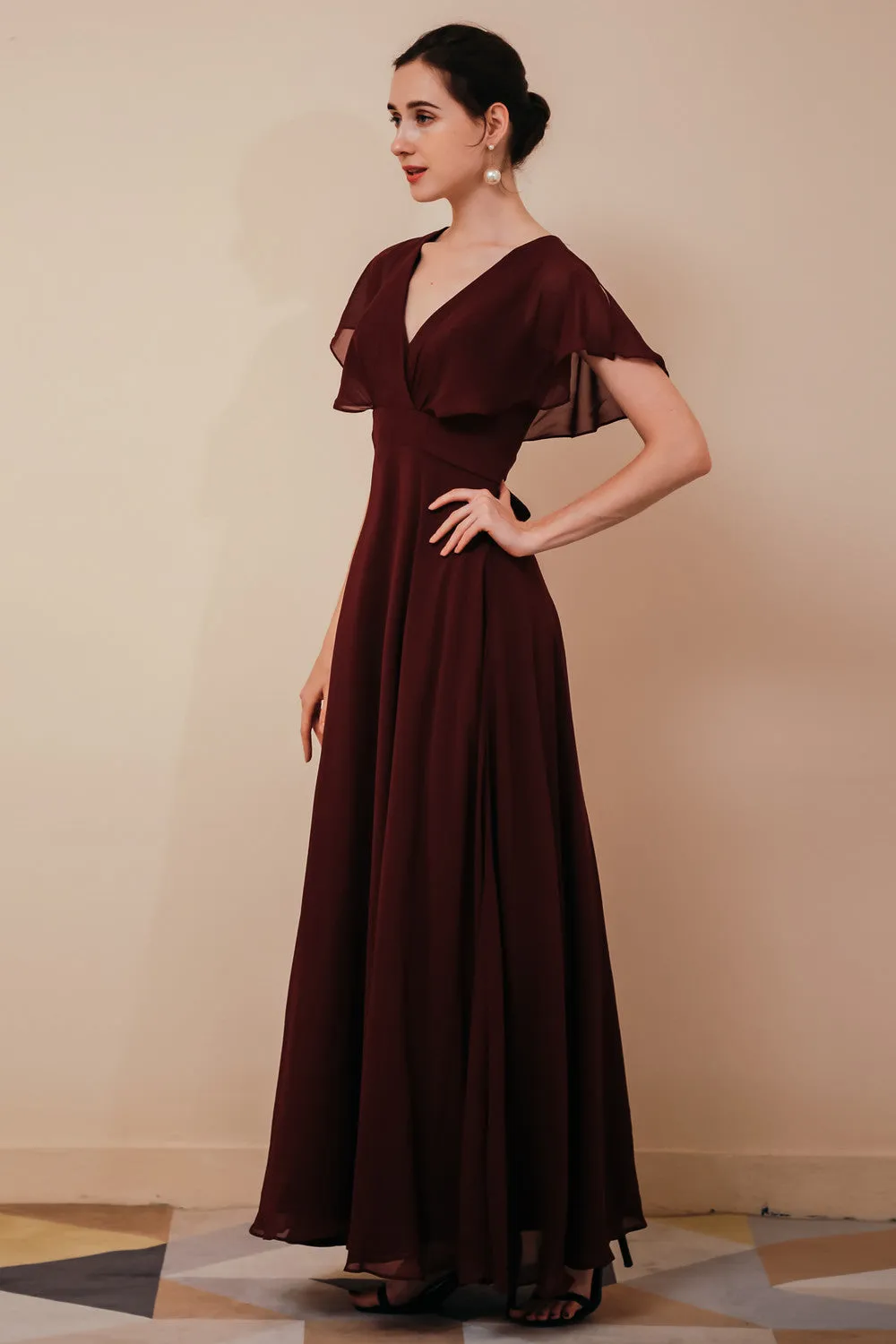 Elegant Rust Cool-shoulder V-neck Chiffon Evening Dress