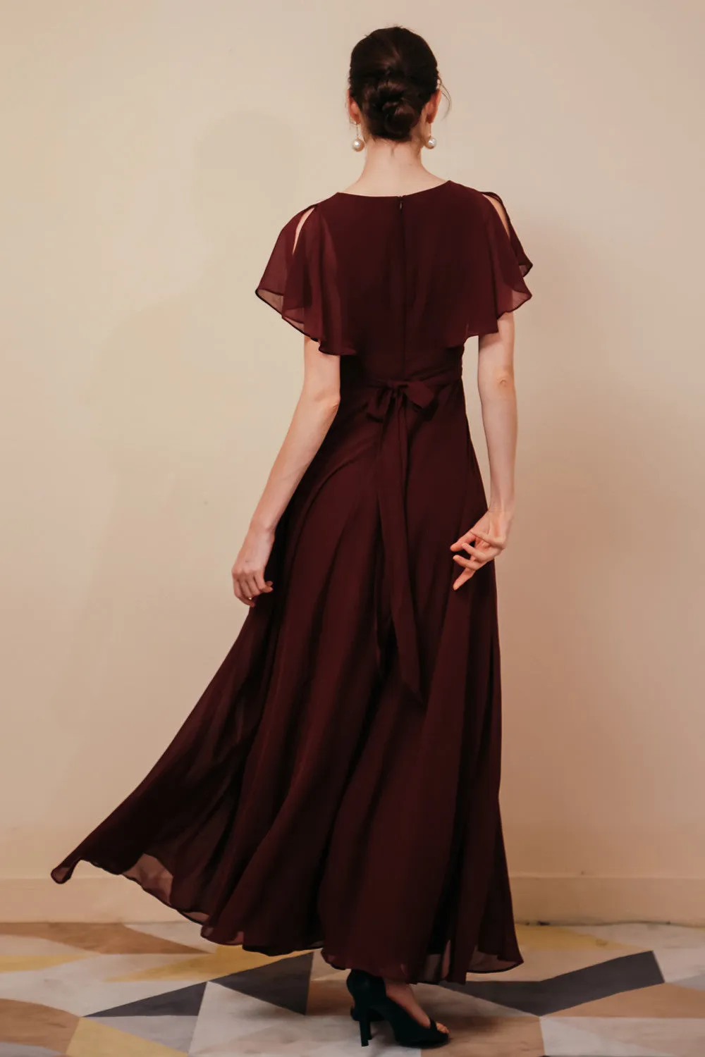 Elegant Rust Cool-shoulder V-neck Chiffon Evening Dress