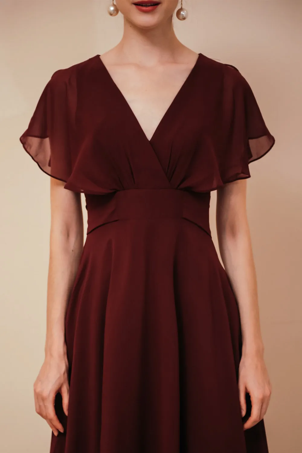 Elegant Rust Cool-shoulder V-neck Chiffon Evening Dress