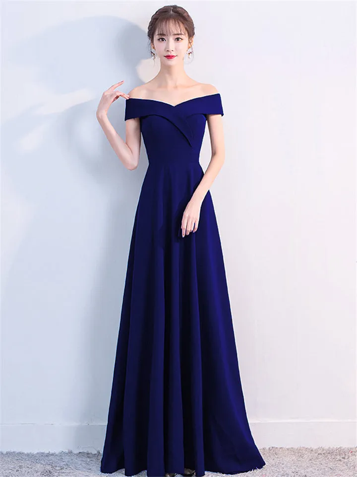 Elegant Sexy Off Shoulder Design Solid Color Full Length Evening Dresses