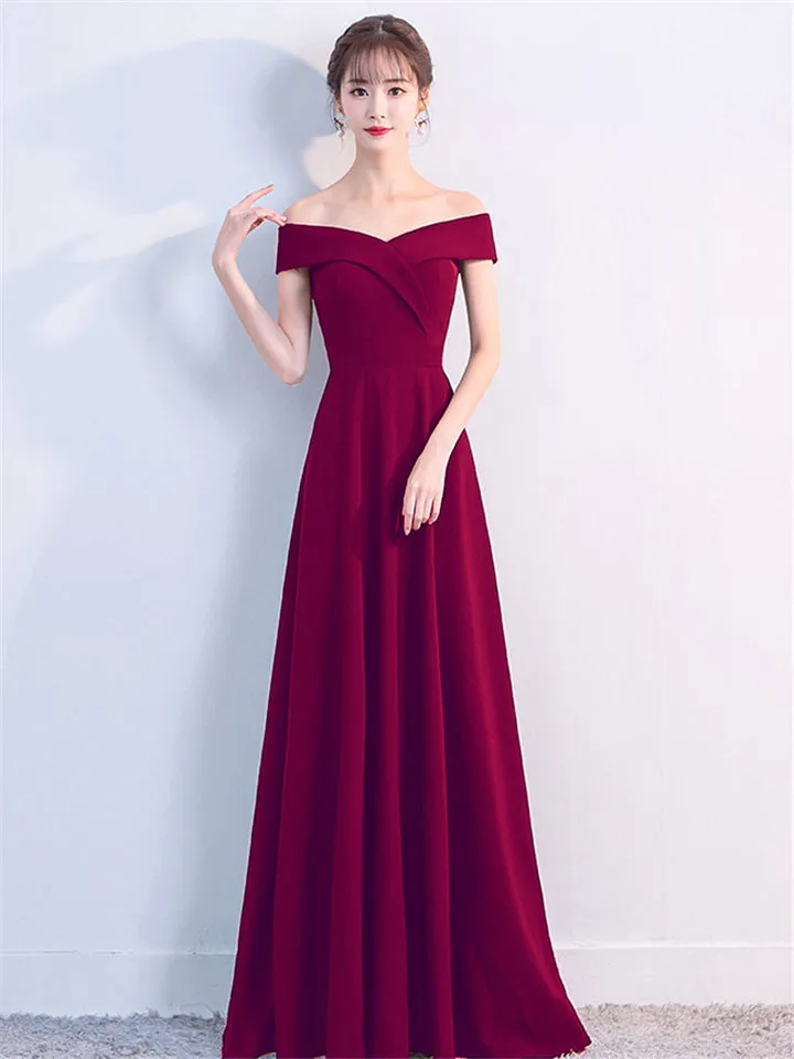 Elegant Sexy Off Shoulder Design Solid Color Full Length Evening Dresses