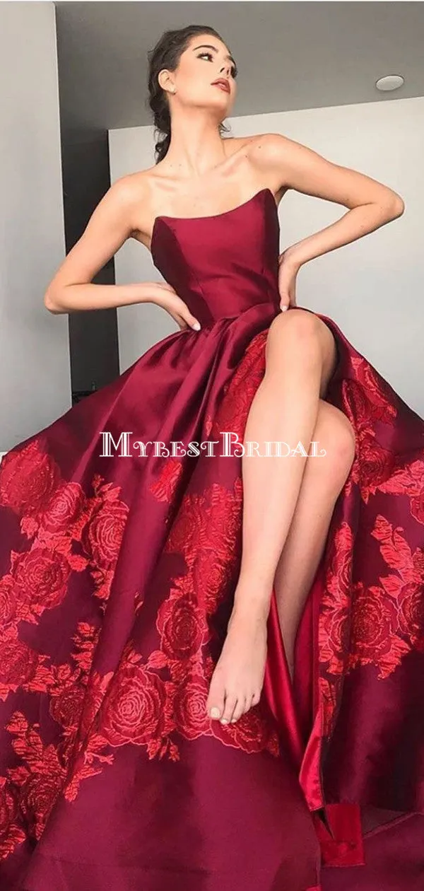 Elegant Strapless Burgundy Printed Flower Satin Long Cheap Prom Dresses, PDS0087