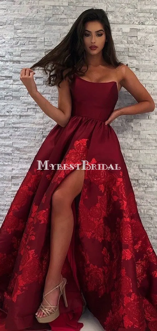 Elegant Strapless Burgundy Printed Flower Satin Long Cheap Prom Dresses, PDS0087