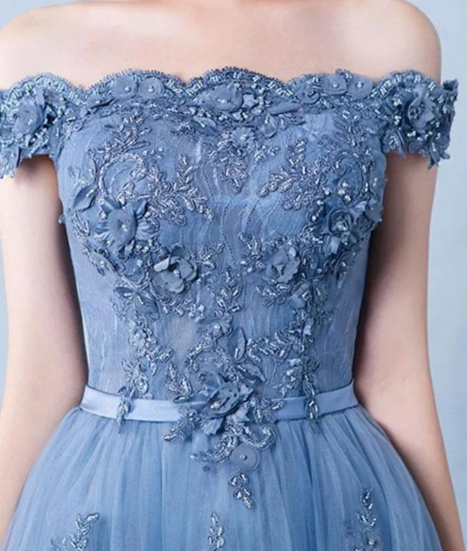 Elegant Tulle Lace Applique Long Prom Dress Blue Evening Dress TP0935