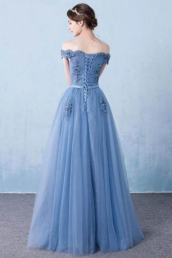 Elegant Tulle Lace Applique Long Prom Dress Blue Evening Dress TP0935