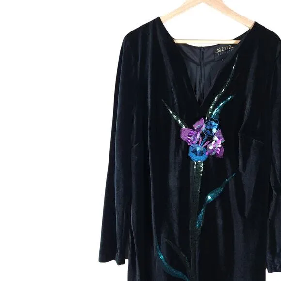 Eloquii Noir Dress 18 Black Velvet Floral Sequin Party Cocktail Vintage Inspired