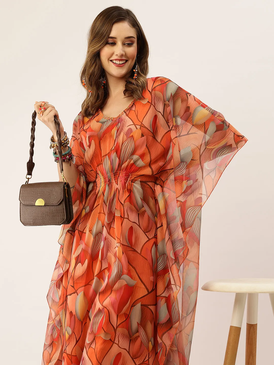 Exclusive V Neck Chiffon All Over Botanical Print Multi Loose Fit Kaftan Set For Women - ZOLA