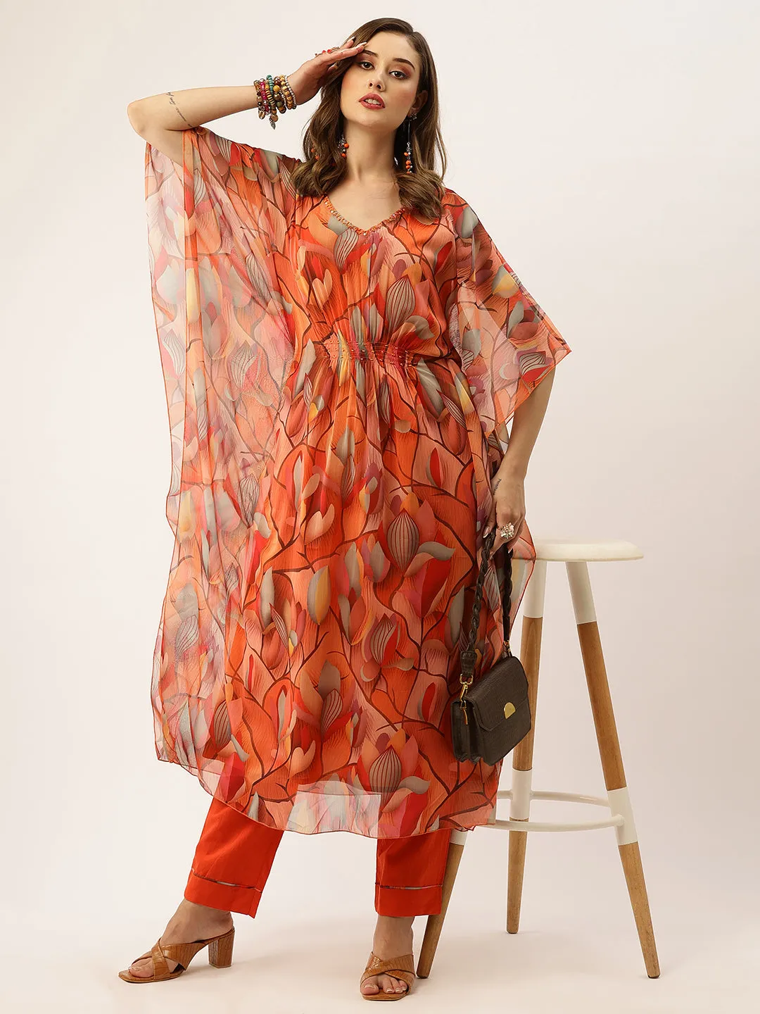 Exclusive V Neck Chiffon All Over Botanical Print Multi Loose Fit Kaftan Set For Women - ZOLA