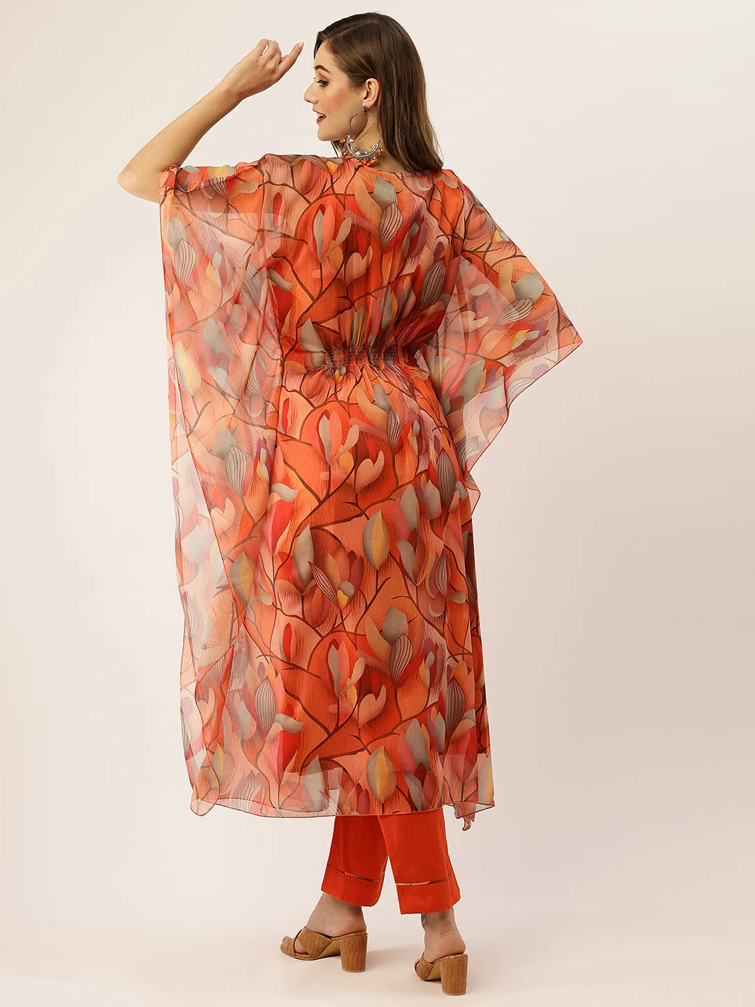 Exclusive V Neck Chiffon All Over Botanical Print Multi Loose Fit Kaftan Set For Women - ZOLA