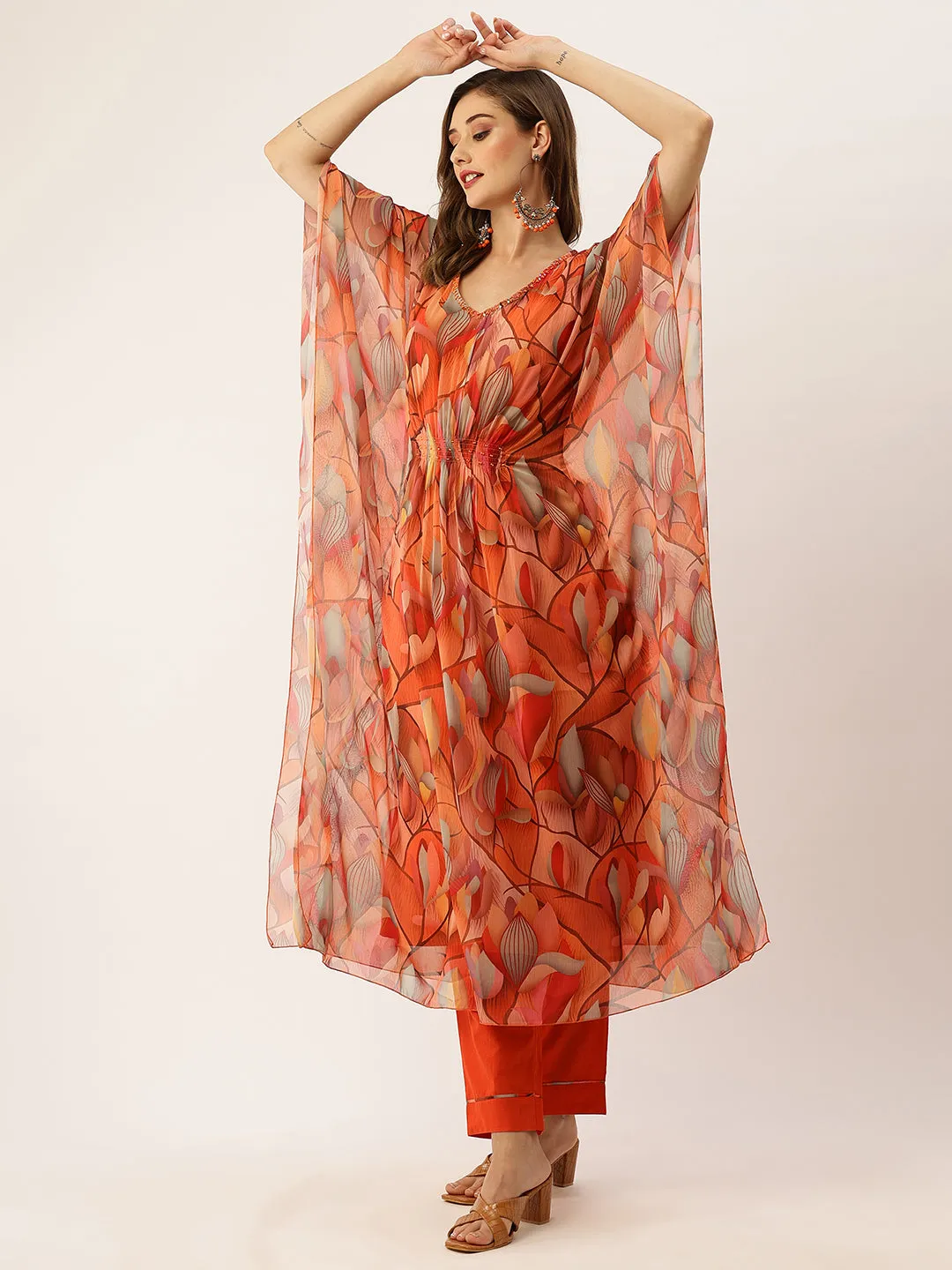 Exclusive V Neck Chiffon All Over Botanical Print Multi Loose Fit Kaftan Set For Women - ZOLA