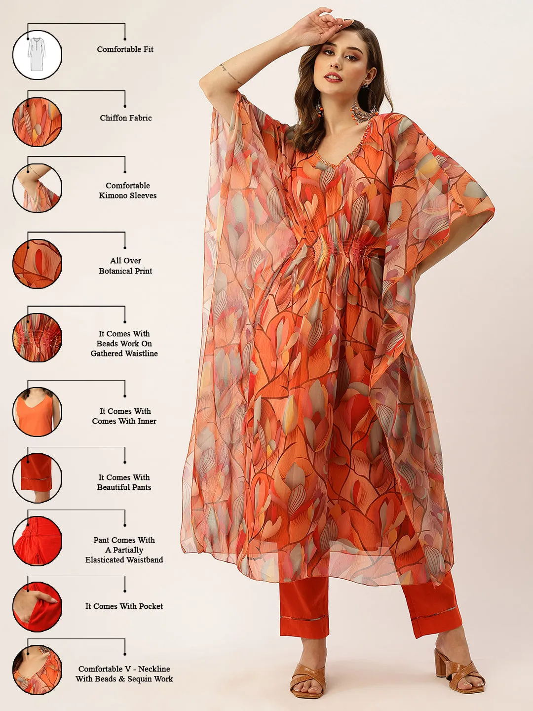 Exclusive V Neck Chiffon All Over Botanical Print Multi Loose Fit Kaftan Set For Women - ZOLA