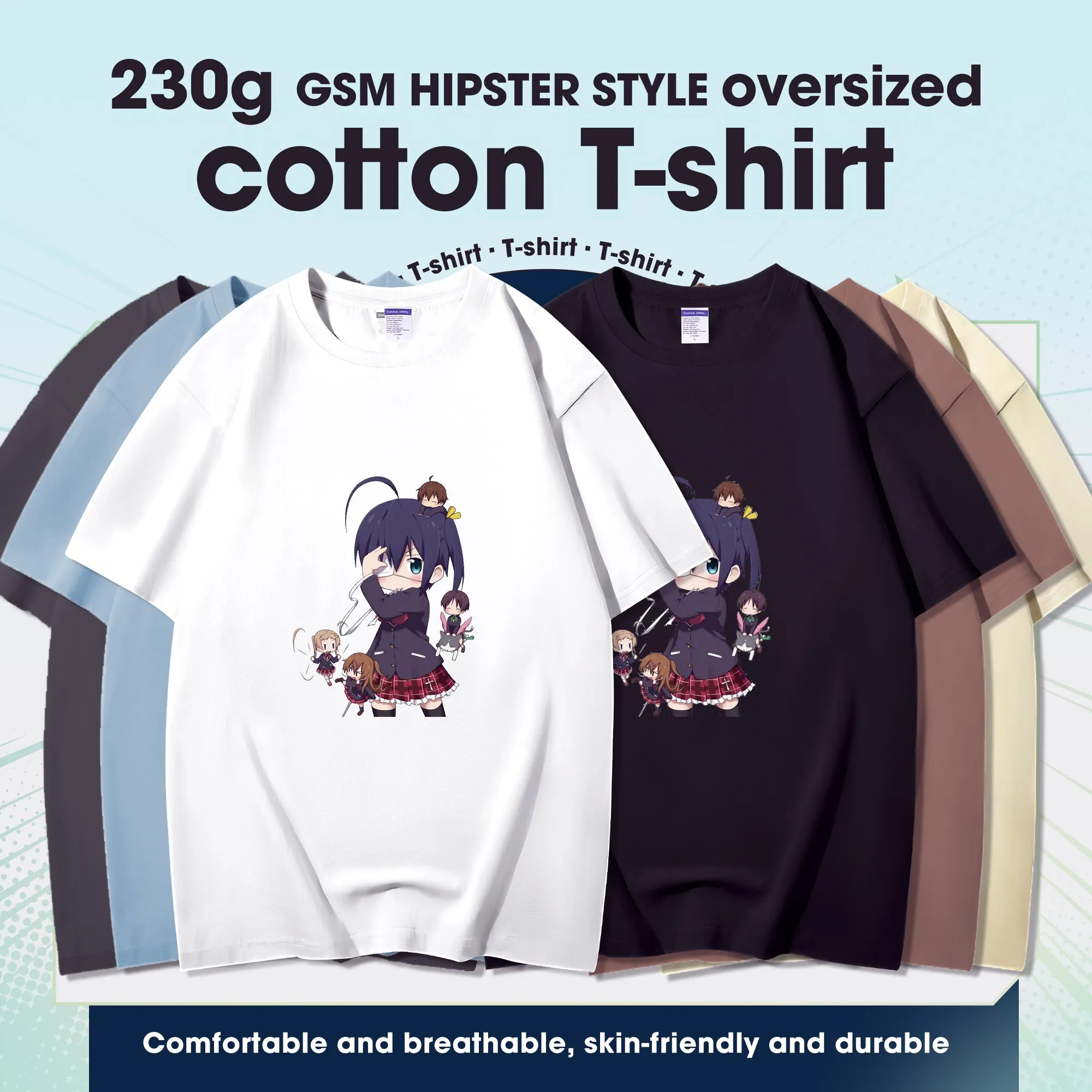 Fashion Anime Chuunibyou demo koi ga shitai Takanashi Rikka 230g GSM Hipster Style Oversized Cotton T-shirt