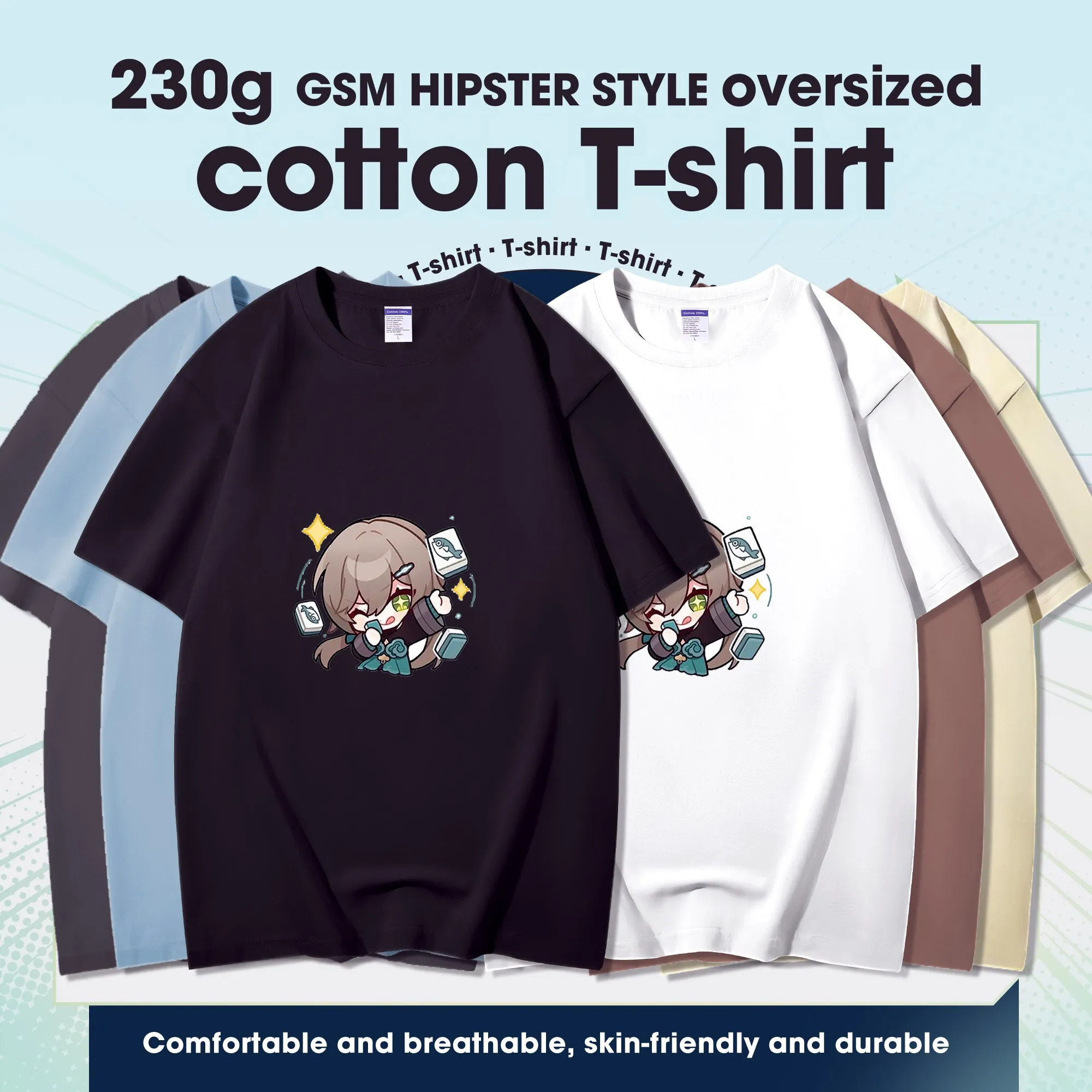 Fashion Anime Qingque 230g GSM Hipster Style Oversized Cotton T-shirt