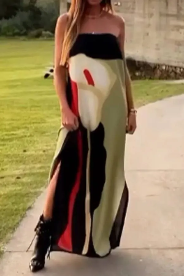Fashion Art Print Strapless Split Dress