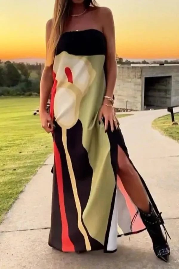 Fashion Art Print Strapless Split Dress