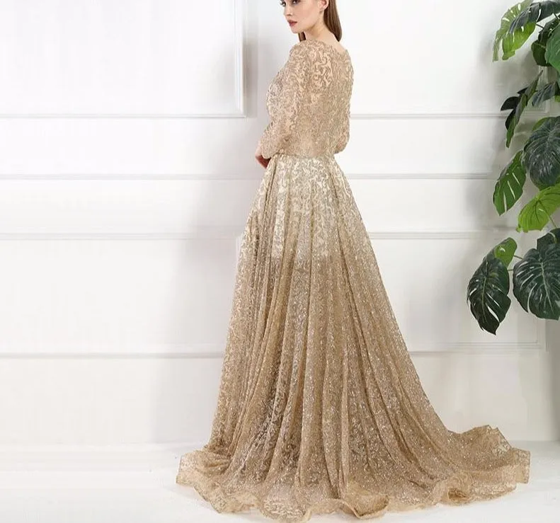 Fashion Mermaid Luxury Evening Dress Long Sleeves  Gliter  with train Evening Gowns