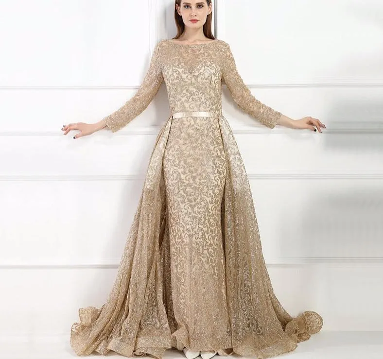 Fashion Mermaid Luxury Evening Dress Long Sleeves  Gliter  with train Evening Gowns