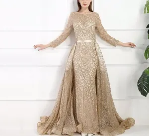 Fashion Mermaid Luxury Evening Dress Long Sleeves  Gliter  with train Evening Gowns