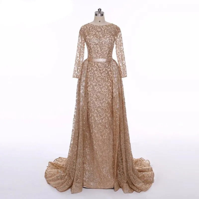 Fashion Mermaid Luxury Evening Dress Long Sleeves  Gliter  with train Evening Gowns